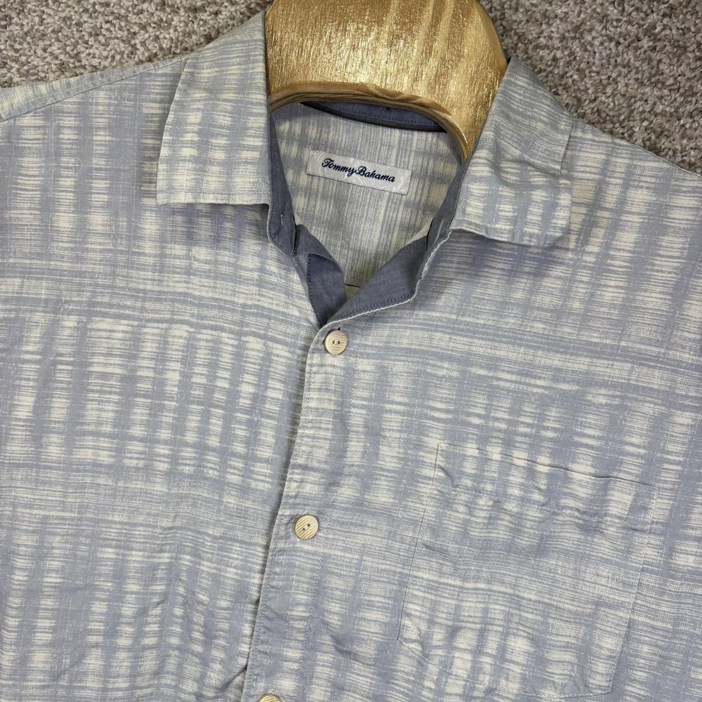 Tommy Bahama Shirt Mens Large Blue Geometric Short Sleeve Silk Button Up Casual